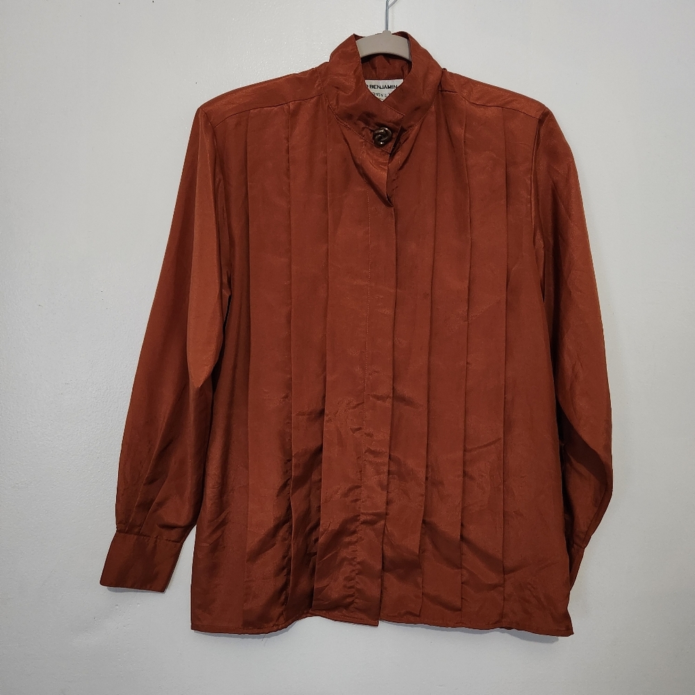 Vintage David Benjamin 8 Rust Pleated Blouse Statement Neck Button Shoulder Pads